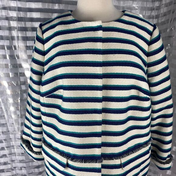 Talbots Cream/Teal/Navy Striped Fringe Adorned Jacket - Picture 2 of 6